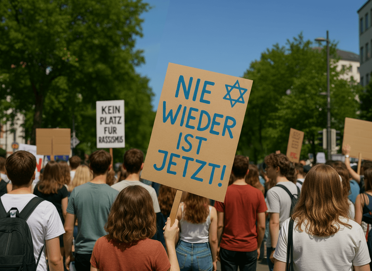 Demonstrierende mit Schildern "Nie wieder ist jetzt!"